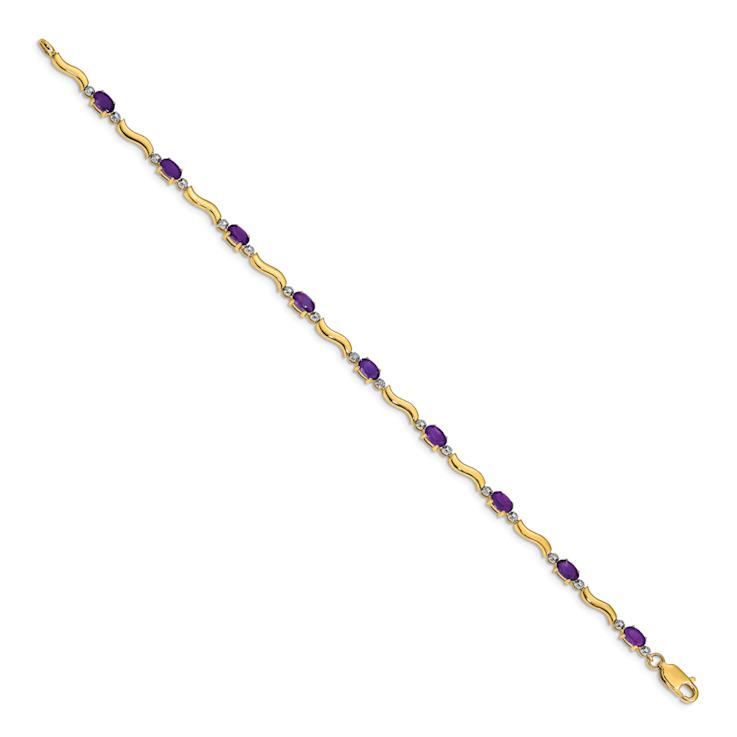 10k Yellow Gold and Rhodium Over 10k Yellow Gold Diamond and Amethyst Bracelet