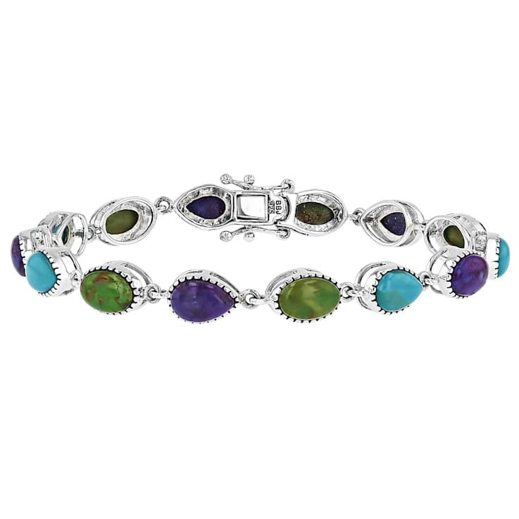 Multi-Color Turquoise Sterling Silver Station Bracelet 8x5mm