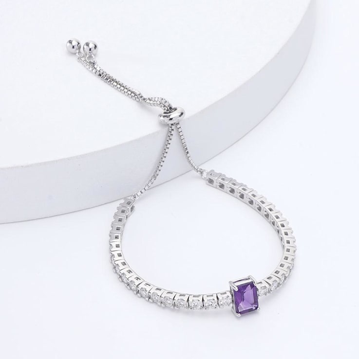 Purple Amethyst with Moissanite Accents Rhodium Over Sterling Silver Bracelet