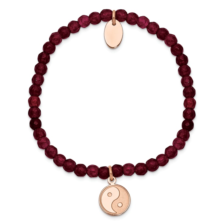Rose Stainless Steel Polished and Satin Yin Yang Red Jade Stretch Bracelet