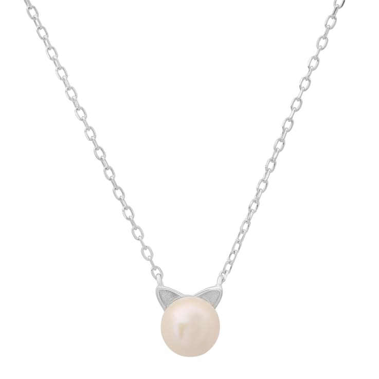 8mm Pink Cultured Freshwater Pearl Rhodium Over Sterling Silver Cat Necklace