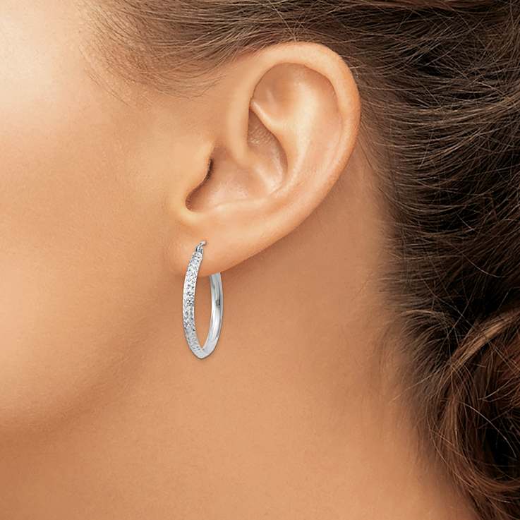Rhodium Over 14k White Gold 1" Knife Edge Diamond-Cut Hoop Earrings