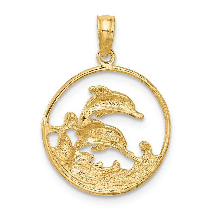 14k Yellow Gold Textured Double Dolphin Circle Pendant