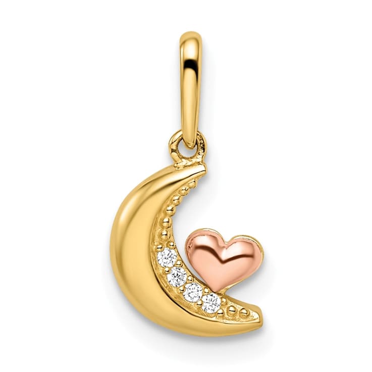 14K Two-tone Cubic Zirconia Moon with Heart Pendant