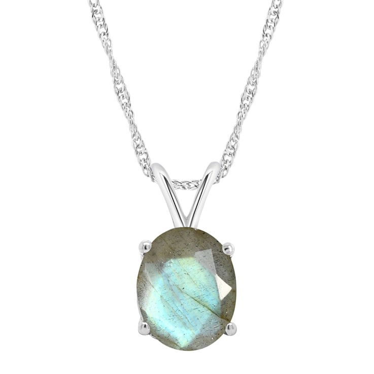 10x8mm Oval Labradorite Rhodium Over Sterling Silver Pendant With Chain