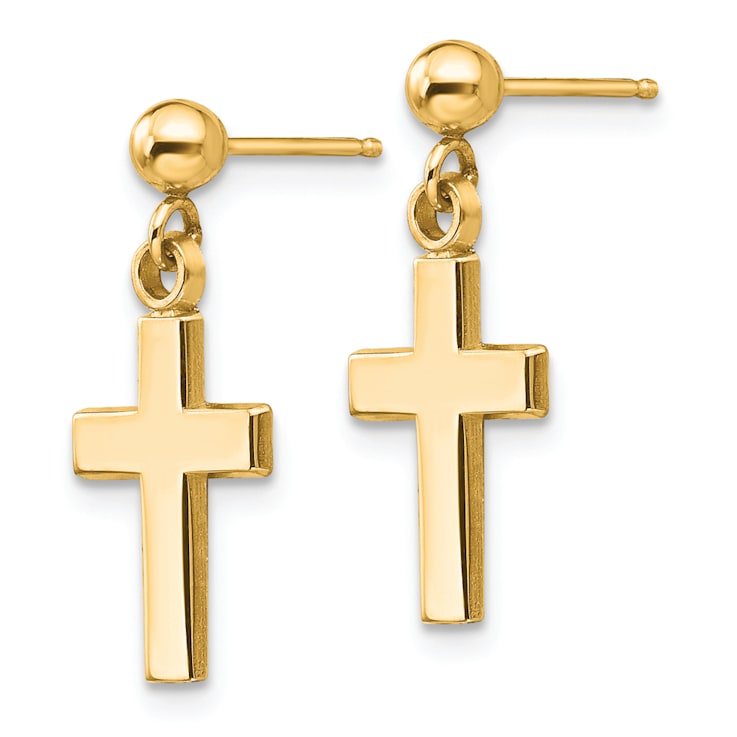14k Yellow Gold Polished Cross Dangle Earrings