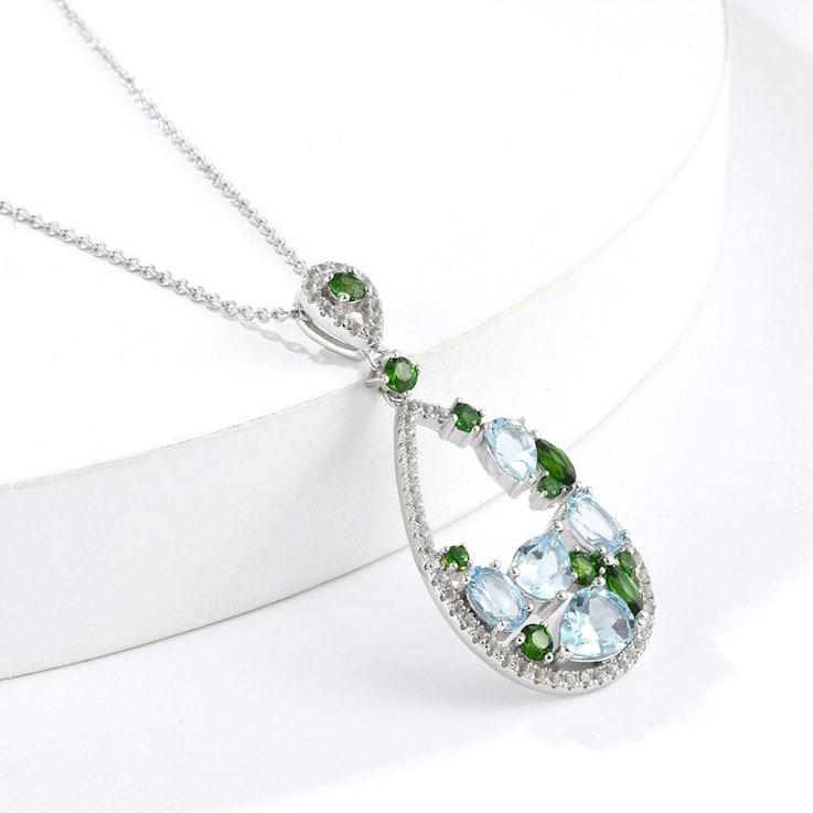 Teardrop Multi Color Gemstone Fashion Pendant Necklace,  Rhodium Over
Sterling Silver