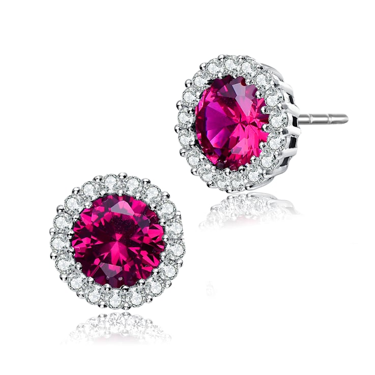 Ruby Color CZ Halo Stud Earrings In Sterling Silver