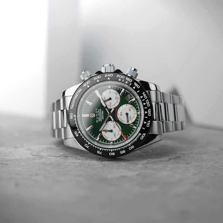 Duxot Accelero Green Dial Black Bezel White Stainless Steel Band
Chronograph Watch
