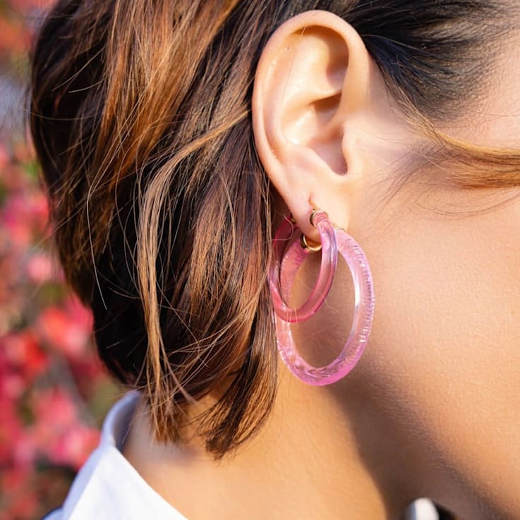 14K Yellow Gold Over Sterling Silver Painted Hoops in Ombre Pink