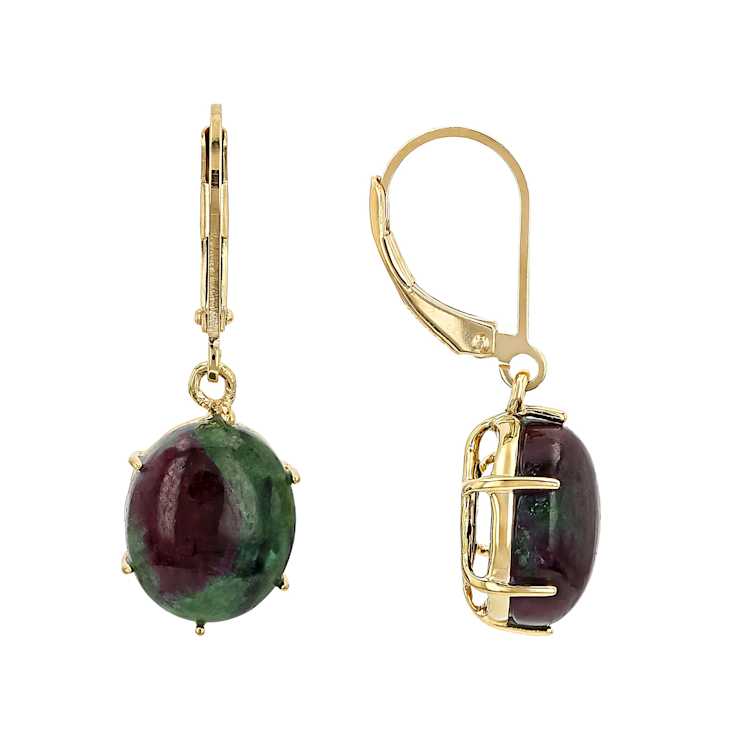 Ruby Zoisite Oval Dangle Earrings In 18K Gold Over Sterling Silver 12x10mm