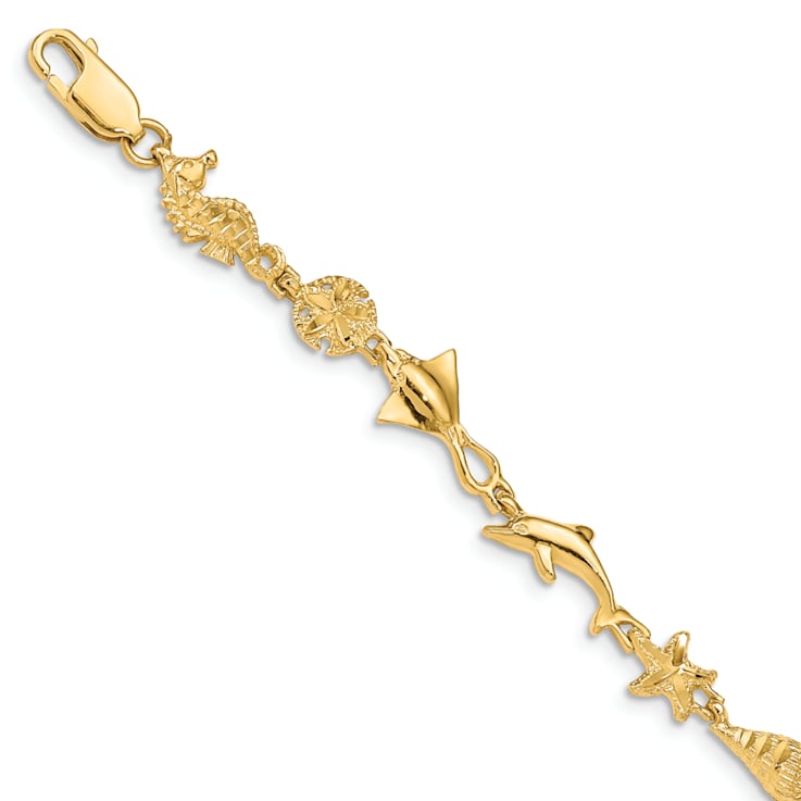 14k Yellow Gold Polished and Textured Ocean Motif Link Bracelet