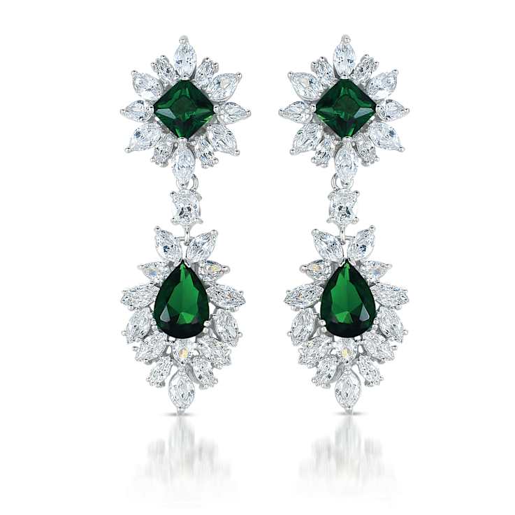 Emerald Color CZ Double Cluster Drop Earrings In Sterling Silver