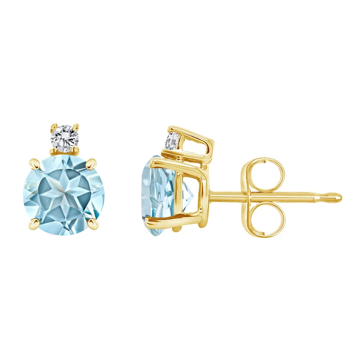 5mm Round Aquamarine with Diamond Accents 14k Yellow Gold Stud Earrings