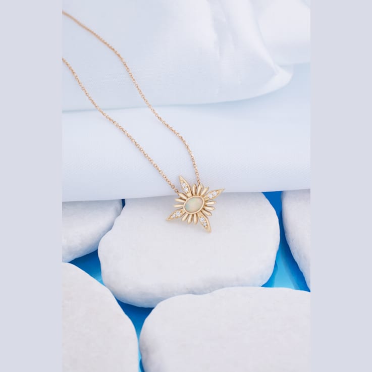 14K Yellow Gold Oval Cabochon Ethiopian Opal and Round Diamond Celestial Necklace.