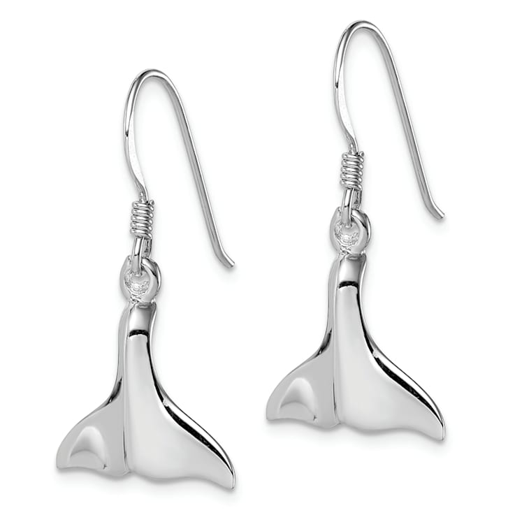 Rhodium Over Sterling Silver Polished Whale Tail Dangle Earrings