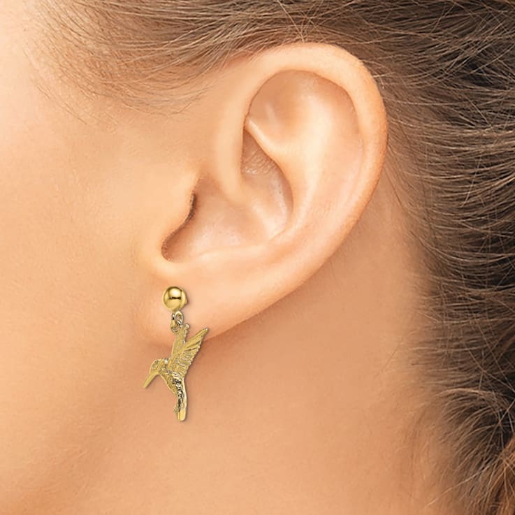 14k Yellow Gold Textured Hummingbird Dangle Earrings