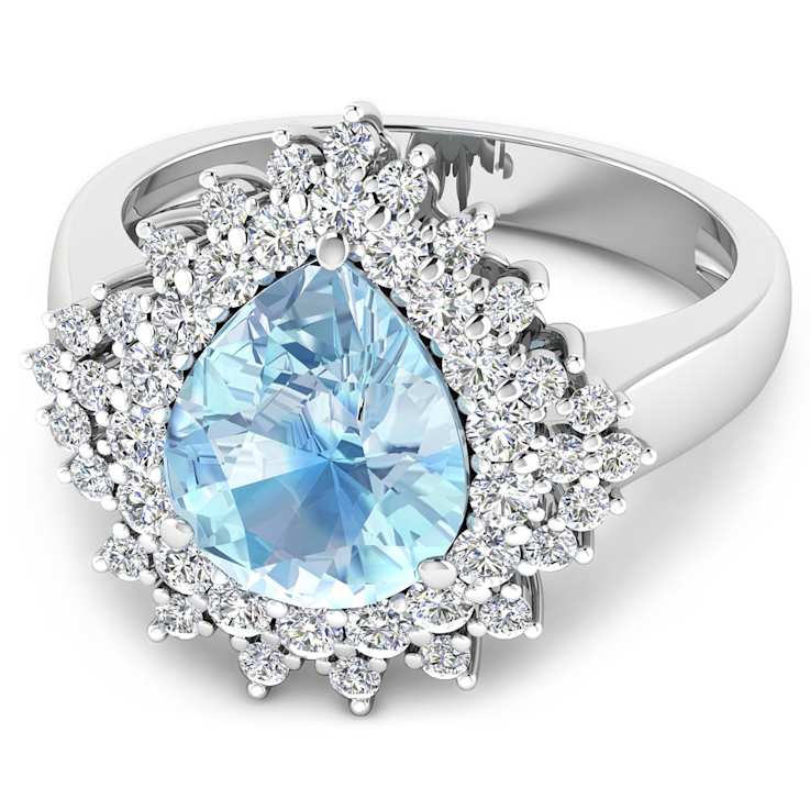 3.19ctw Blue Aquamarine and Diamond 14K White Gold Halo Ring