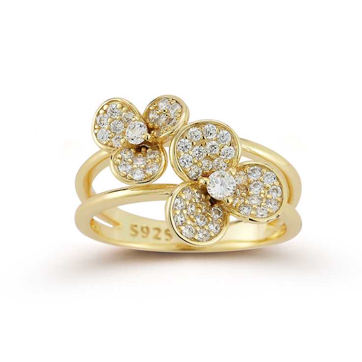 Rachel Zoe CZ Double Flower Stacked Ring in 14K Gold Over Sterling Silver