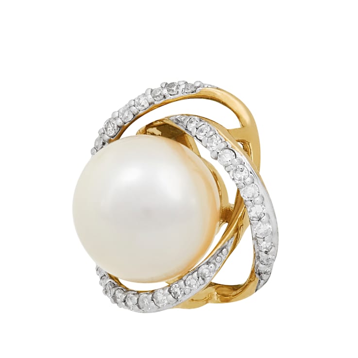 8-8.5mm Round White Freshwater Pearl with Diamond Accents 10K Yellow
Gold Pendant with Chain