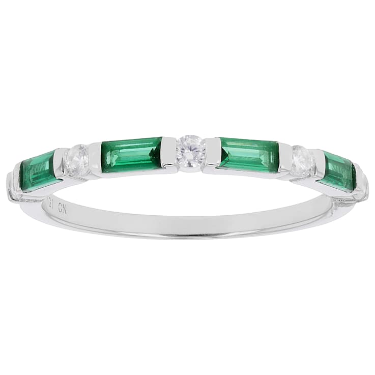 Emerald Color CZ And White CZ Band Ring In Sterling Silver