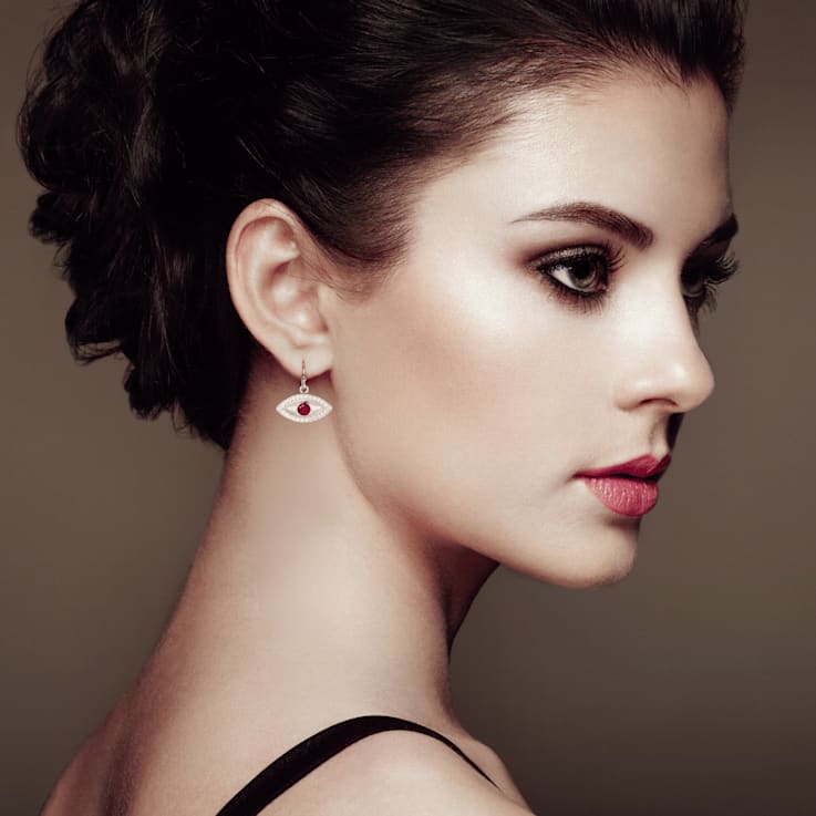 Ruby Rhodium Over Sterling Silver Evil Eye Earrings