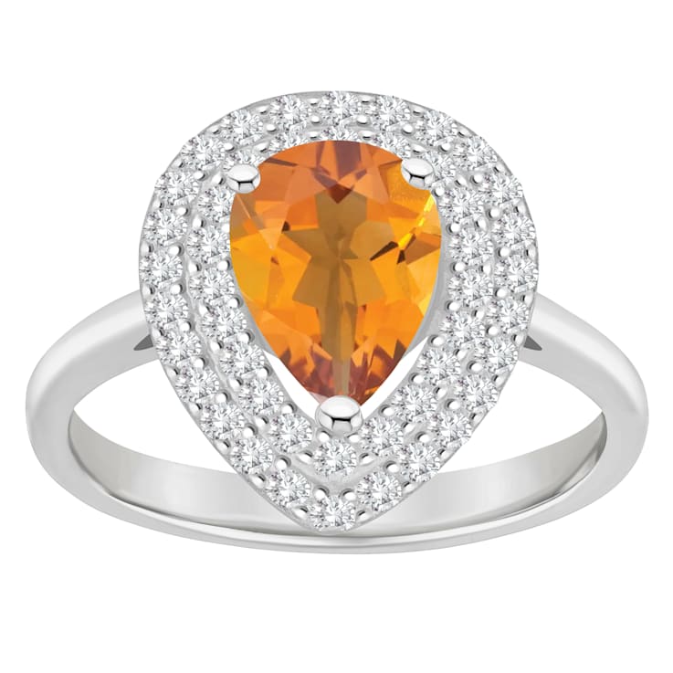 8x5mm Pear Shape Citrine And White Topaz Accents Rhodium Over Sterling
Silver Double Halo Ring