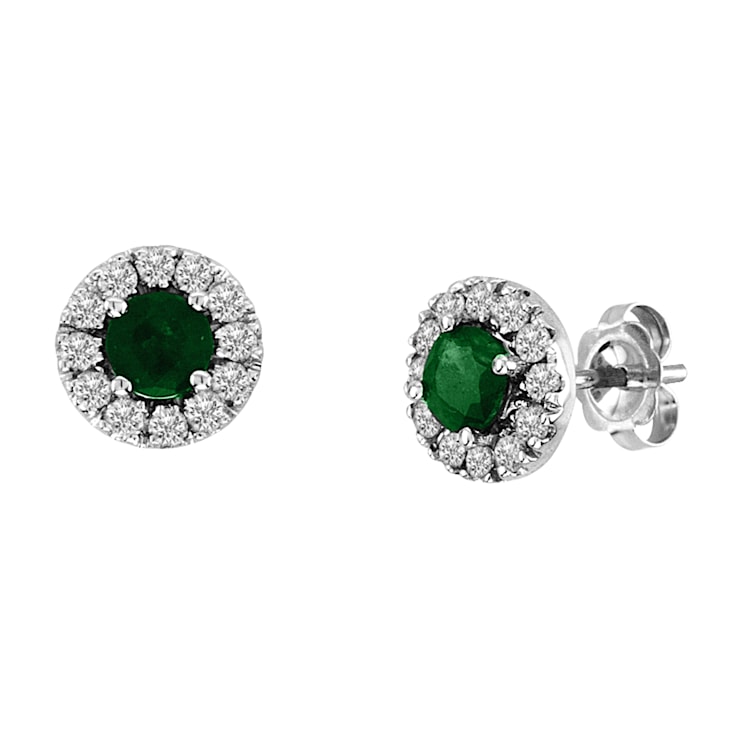 0.88ctw Emerald and Diamond Halo Earrings in 14k White Gold