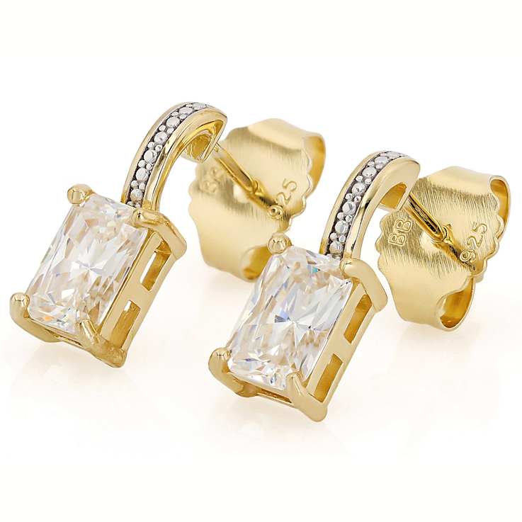 Diamond Simulant Rectangular Earrings In 18K Gold Over Sterling Silver