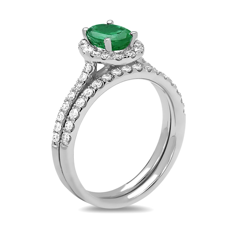 1.40ctw Emerald and Diamond Engagement Ring with Band Ring in 14k White Gold