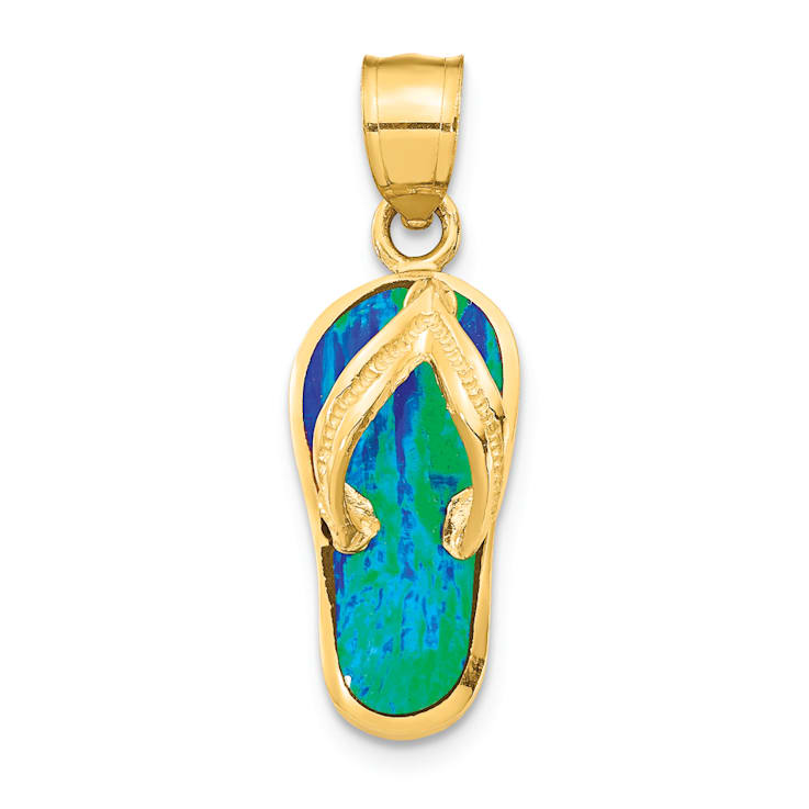 14k Yellow Gold Polished and Textured 3D with Lab Created Blue Opal Flip
Flop Pendant