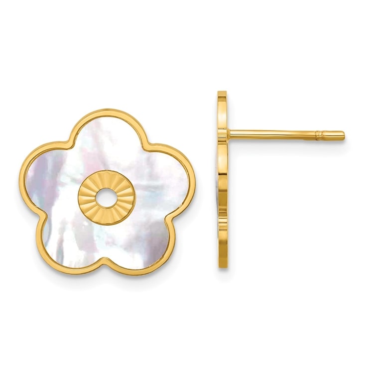 14K Solid Gold Genuine Pearl Flower Pushback Earrings 14K 