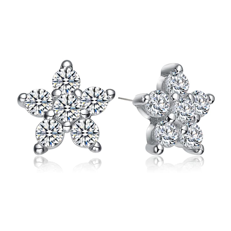Star Cluster CZ Stud Earrings In White Rhodium Over Brass