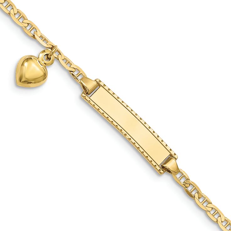10k Yellow Gold Children's Flat Mariner Link ID with Dangling Heart Bracelet