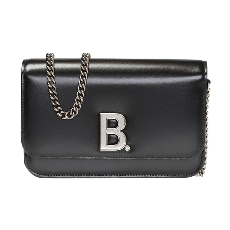 Balenciaga Black Calfskin Leather Silver Logo Chain Wallet Bag 113SCA