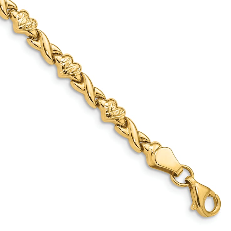 14K Yellow Gold Polished Diamond Cut Heart 7 Inch Bracelet