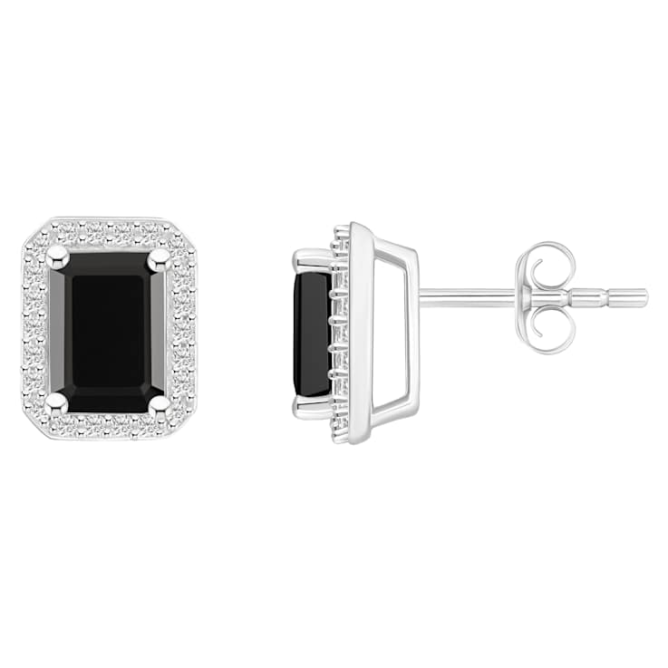 7x5mm Emerald Cut Black Onyx And Created White Sapphire 10k White Gold
Halo Stud Earrings