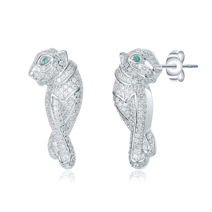 Emerald Color CZ Panther Drop Earrings In White Rhodium Over Brass