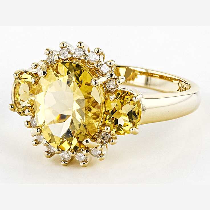 Yellow Beryl Oval And White Diamond Three-Stone Ring In Solid 14K Yellow
Gold 2.52ctw