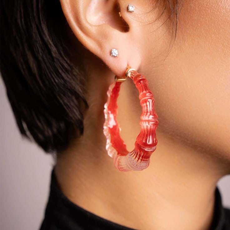 14K Yellow Gold Over Sterling Silver Acrylic and Enamel Bamboo Illusion
Hoops in Watermelon