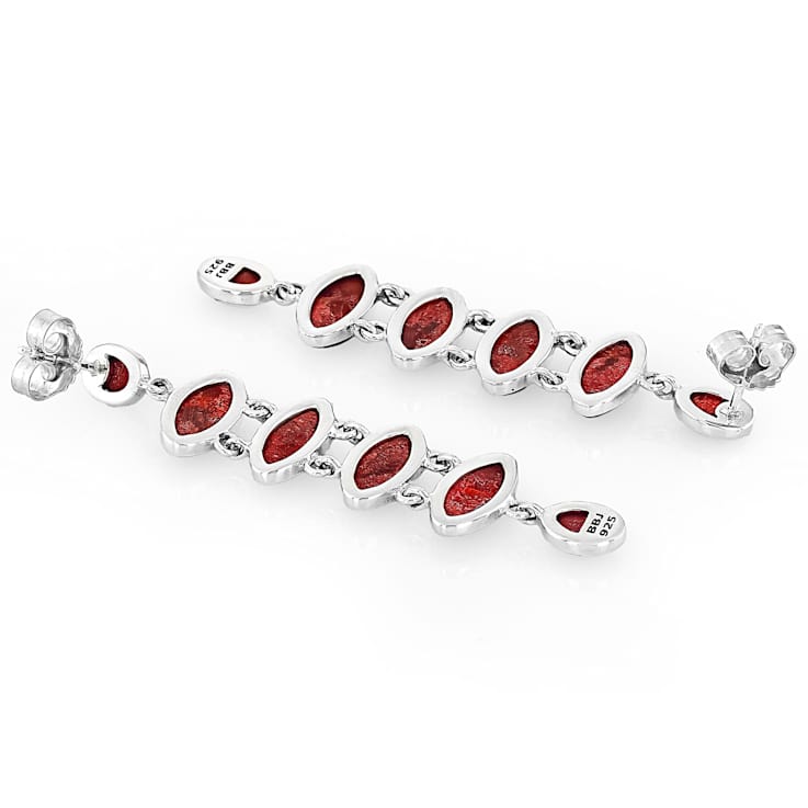 Red Coral Elongated Dangle Sterling Silver Earrings