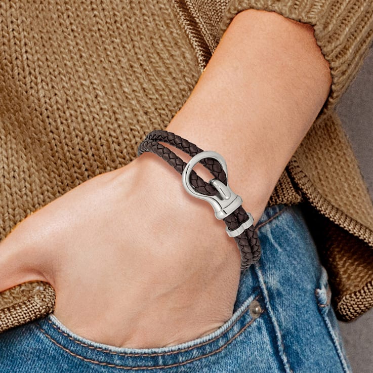Brown Braided Leather and Stainless Steel Polished 8-inch Bracelet