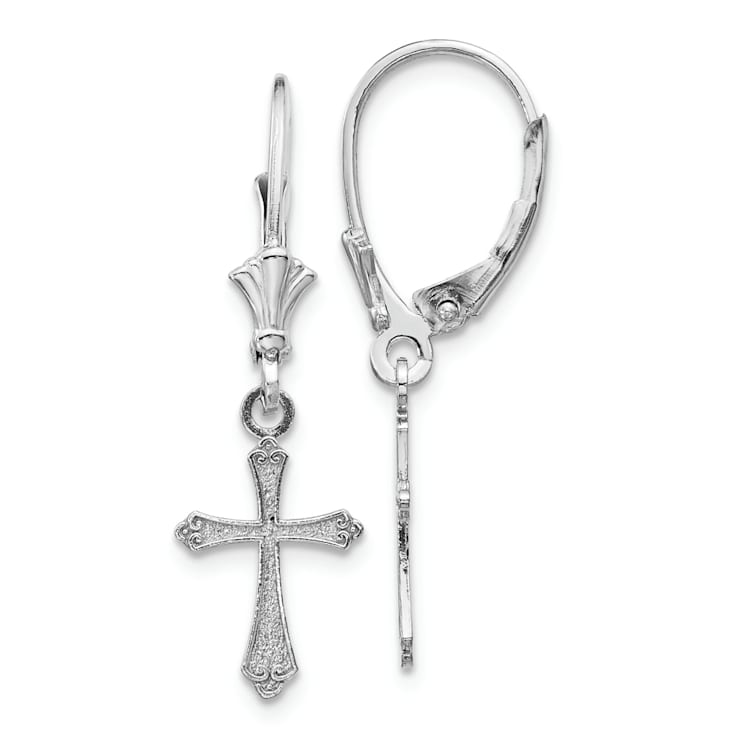 Rhodium Over 14k White Gold Textured Cross Dangle Earrings