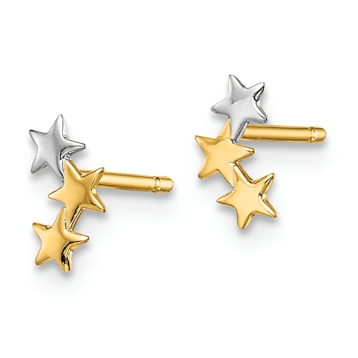 14k Yellow Gold and Rhodium Over 14k Yellow Gold Children's 3-Star Stud Earrings