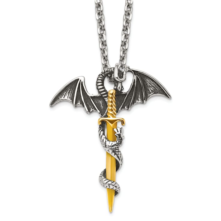 Stainless Steel Antiqued and Polished Yellow IP-plated Dragon/Sword
24-inch Necklace