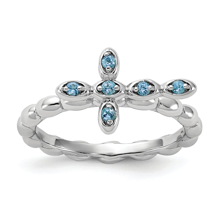 Rhodium Over Sterling Silver Stackable Expressions Cross Blue Topaz Ring 0.12ctw
