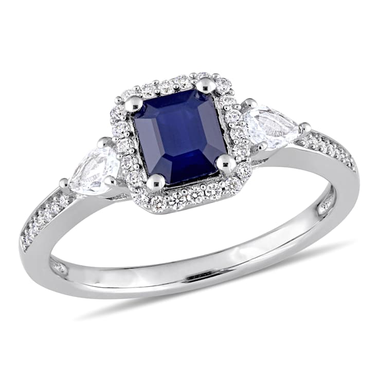 Blue, White Sapphire and Diamond 14K White Gold Ring 1.21ctw