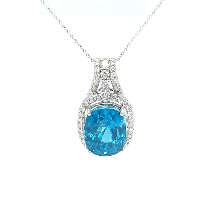 25.46 Ctw Blue Zircon and 1.04 Ctw White Diamond Pendant in 14K WG