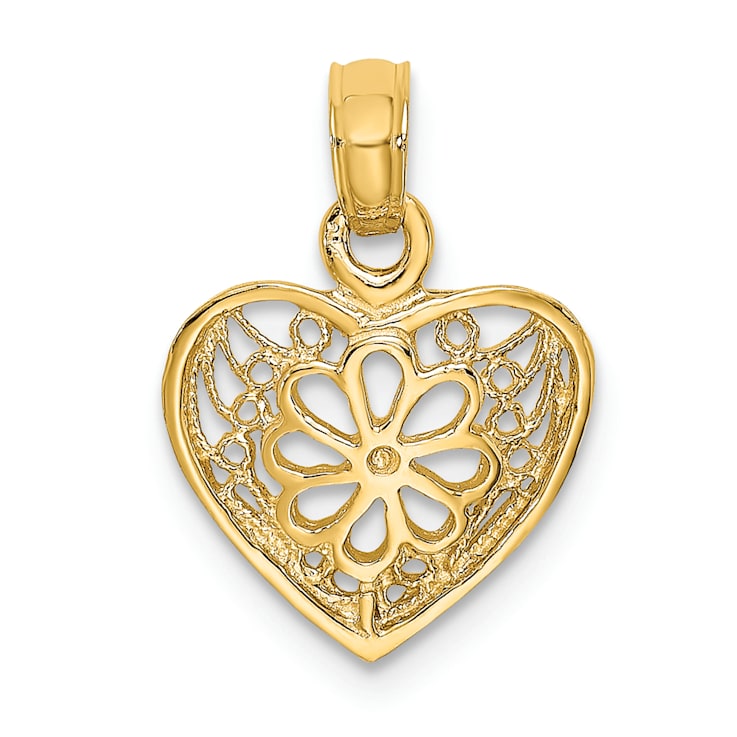 14k Yellow Gold 2D Filigree Heart with Flower Design Charm