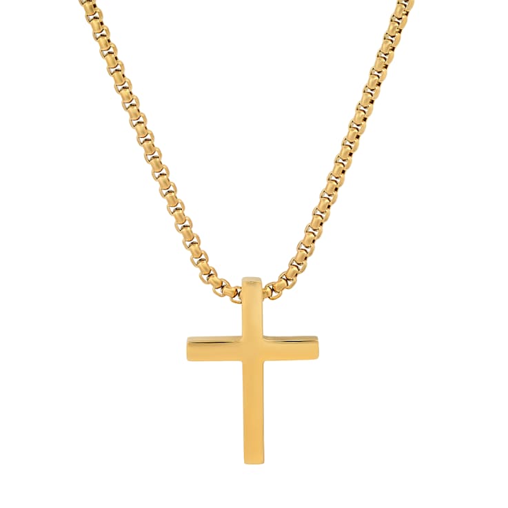 Men's Polished Cross Pendant With Chain In 18K Yellow Gold Over
Stainless Steel